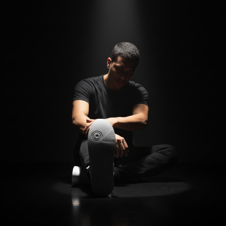 Person sitting on a dark background holding a dance sneaker