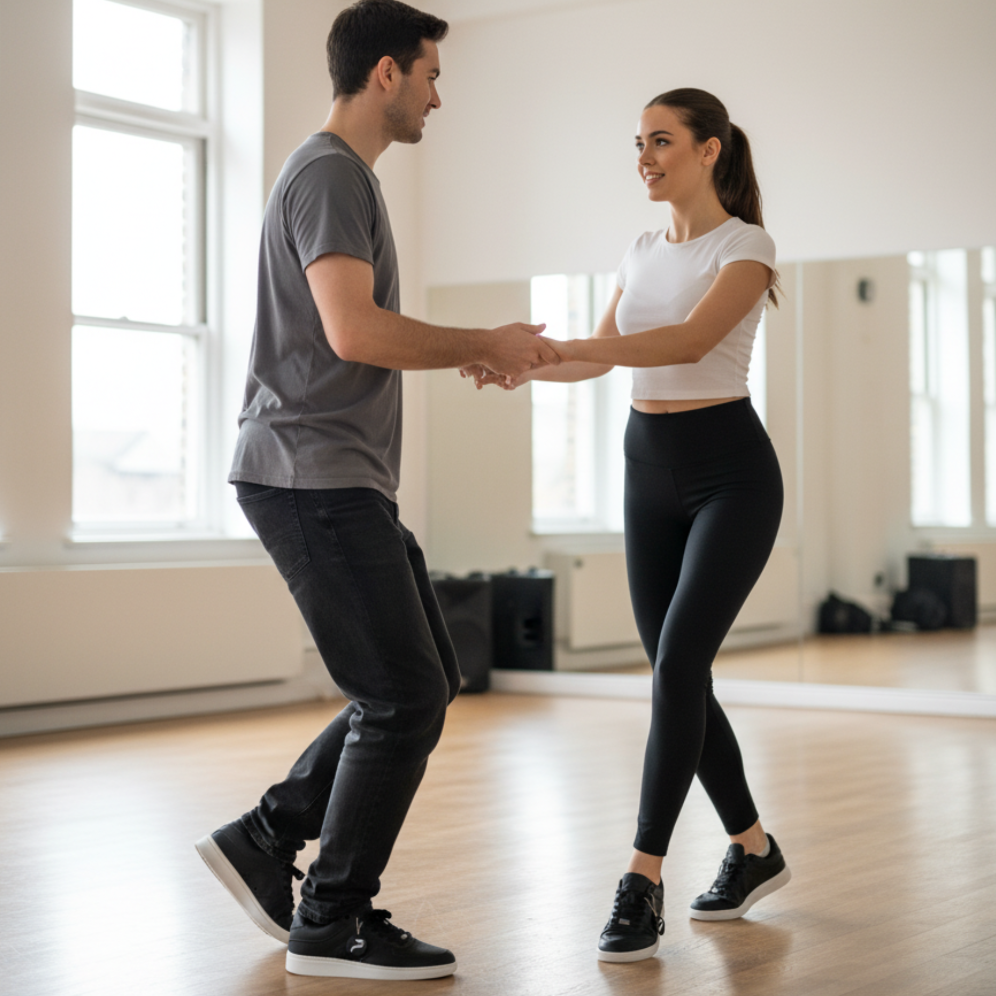 Man and woman dancing in a bright dance studio
