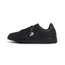 Black sneaker with a brand logo on a white background